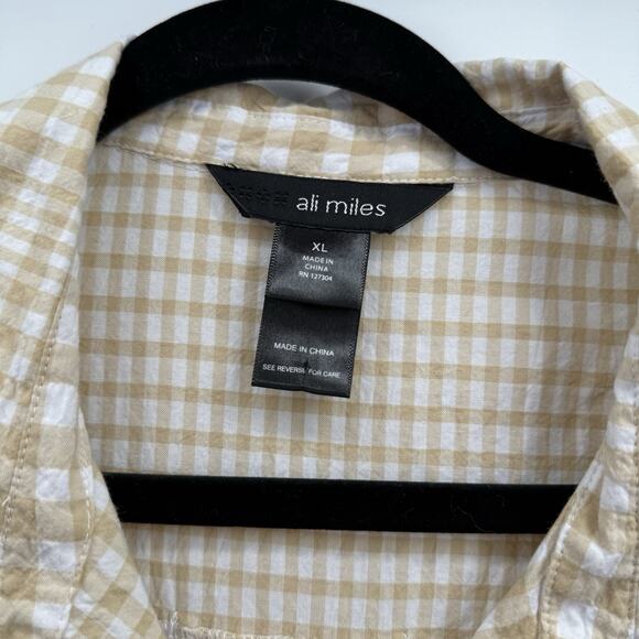 Ali Miles Top Shirt Womens XL Yellow Tan Textured Button Breathable Seersucker - Picture 2 of 11